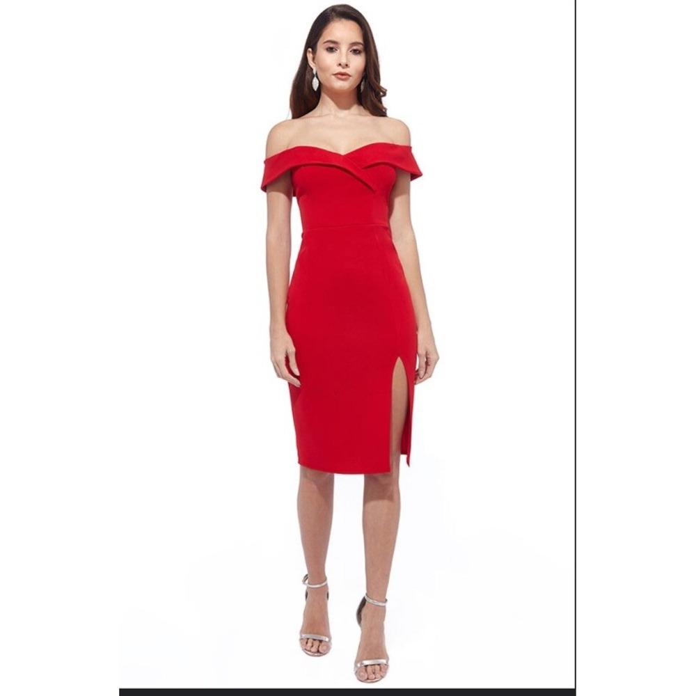 Bardot‎ Red Dress Off Shoulder Crepe Midi Holidays Valentine's Party Size 6 NEW